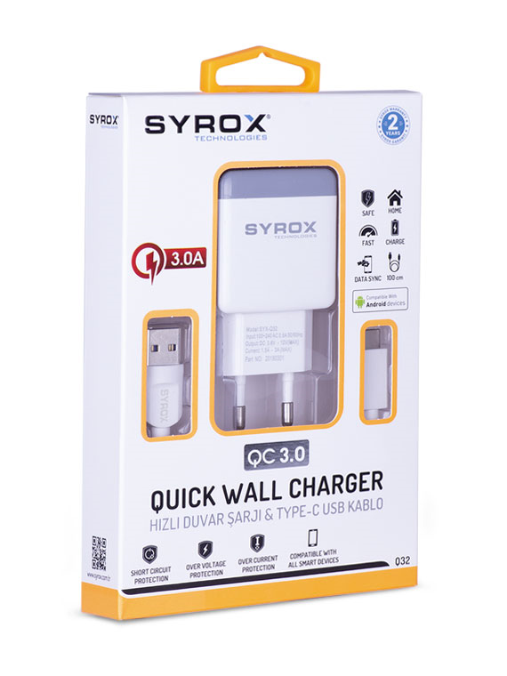 Syrox Type-C 3.0A Set Sarj Cihazi (Usb 3.0 - Quick Charging)