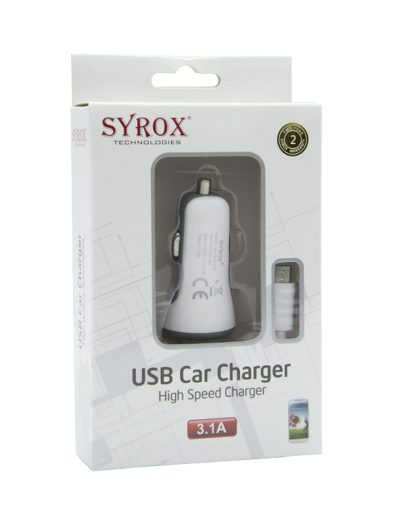 Syrox S3/S4 1 Usb Giris + Sabit Kablo / 3.1A / Araç