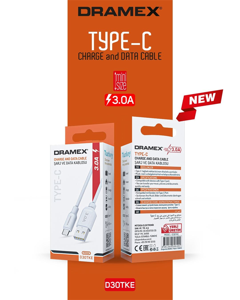D30TKE - Dramex 3.0A Quick Type-C Kablo Eco 