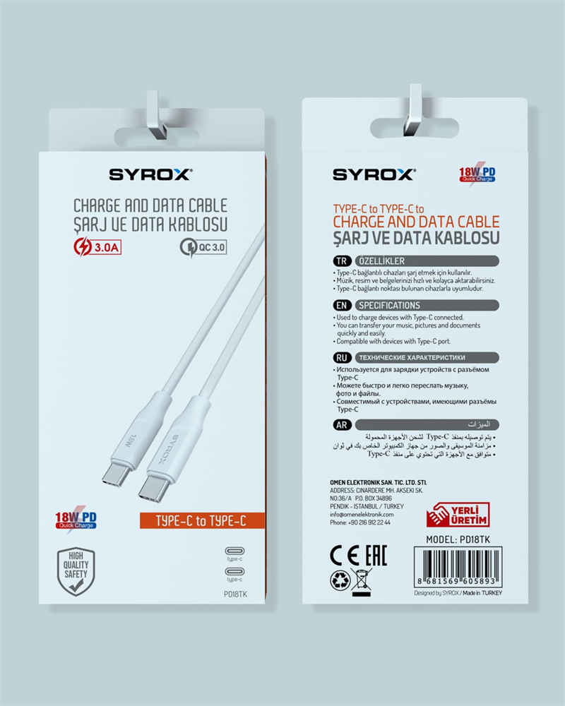 PD18TK 3.0A 18W PD TYPE-C TO TYPE-C KABLO