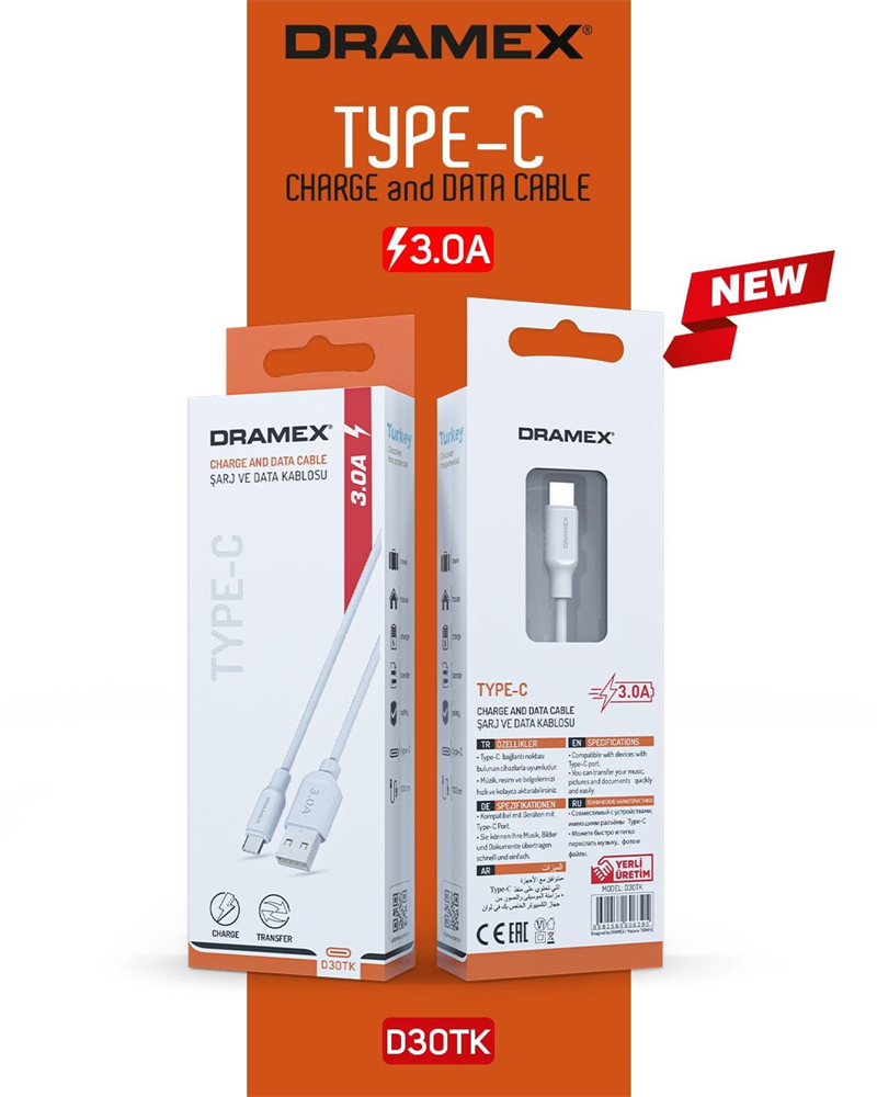 D30TK - Dramex 3.0A Quick Type-C Kablo