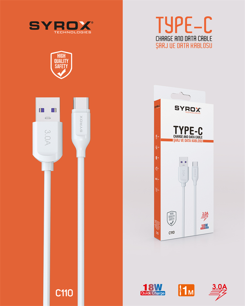 C110 Type-C 1M 3,0A 18W Quick Kablo
