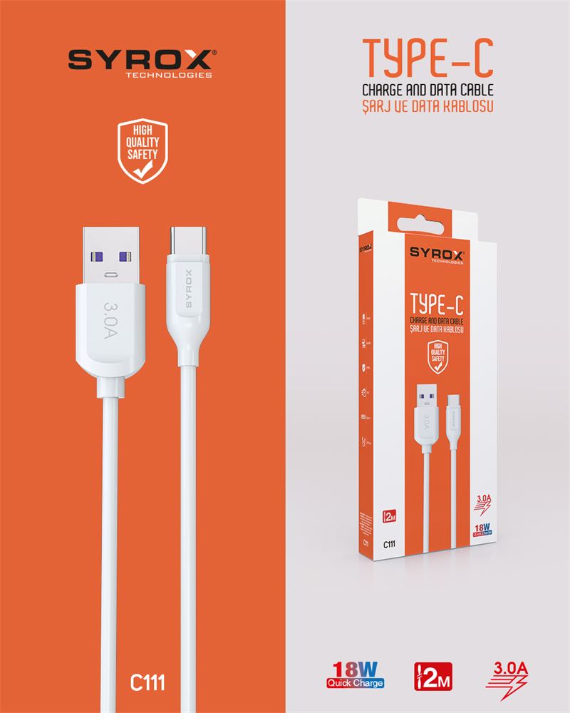 C111 Type-C 2M 3,0A 18W Quick Kablo

