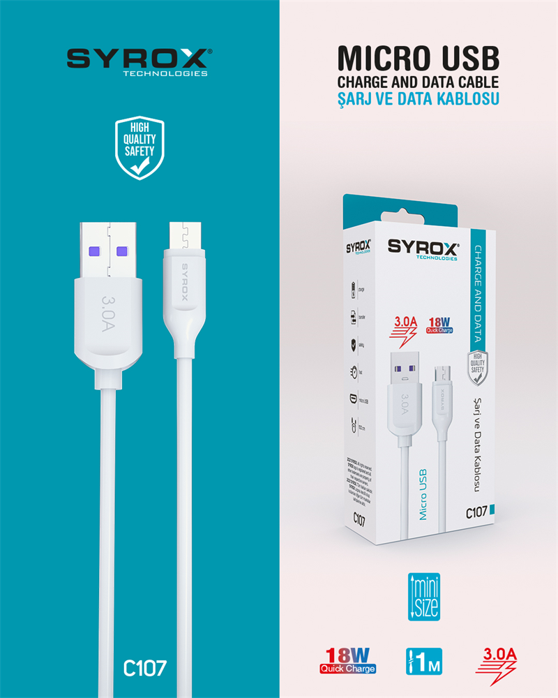 C107 Micro 1M. 3,0A 18W Quick Kablo (Eco Kutu)
