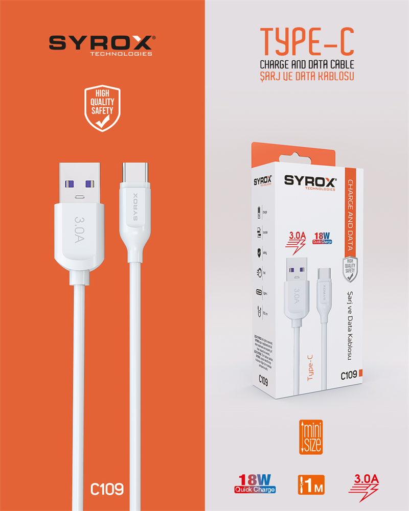 C109 Type-C 1M 3,0A 18W Quick Kablo (Eco Kutu)
